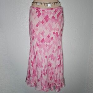 Jones New York Signature Pink Geometric Diamond Ruffle Midi Skirt
